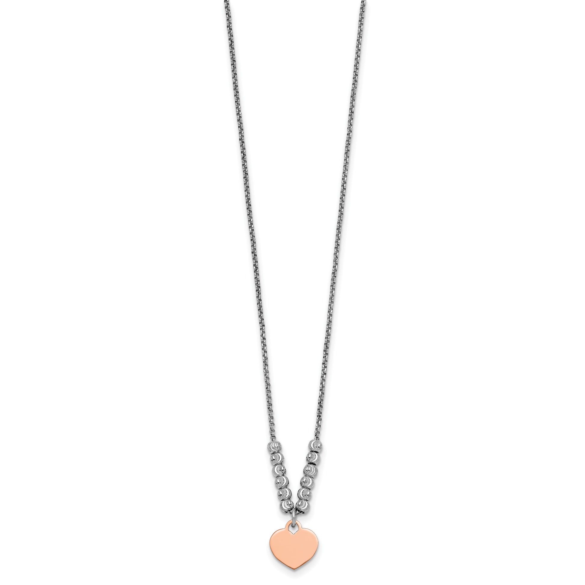 Sterling Silver Rhodium-plated Rose Gold-plated Heart Disc and Textured Beads 16 inch with 1 inch extension Necklace