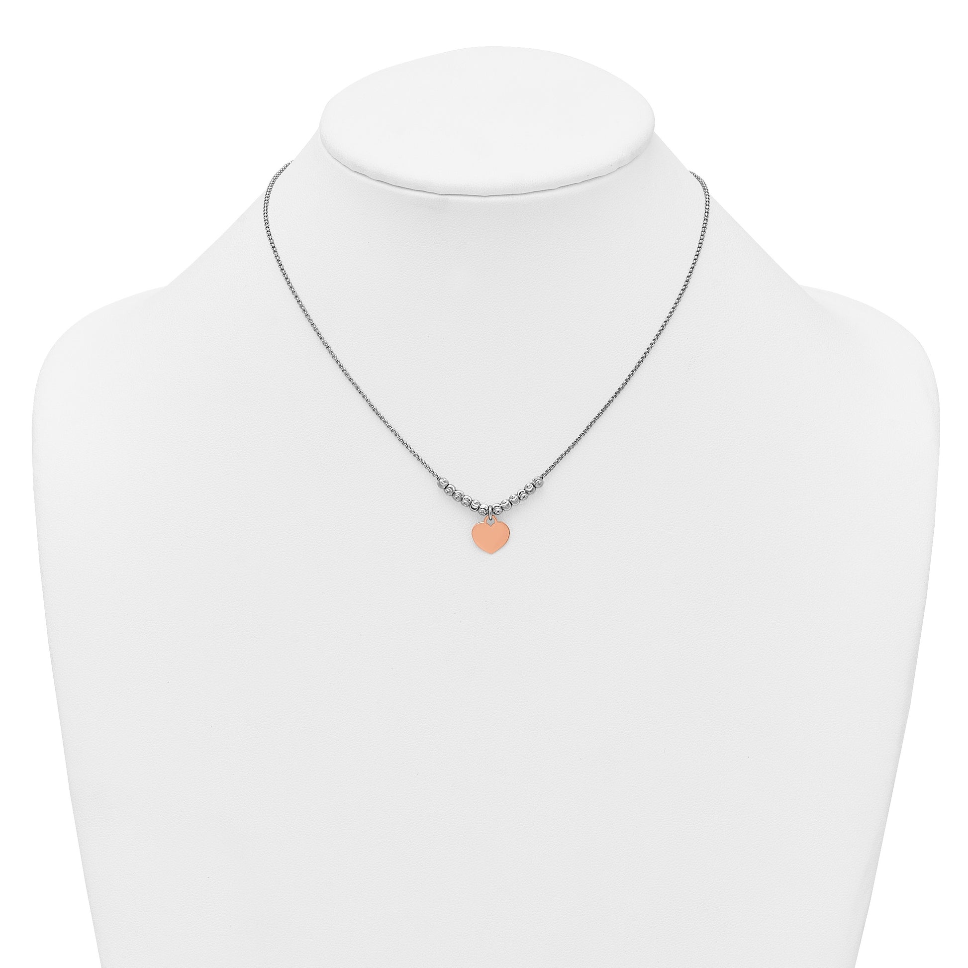 Sterling Silver Rhodium-plated Rose Gold-plated Heart Disc and Textured Beads 16 inch with 1 inch extension Necklace