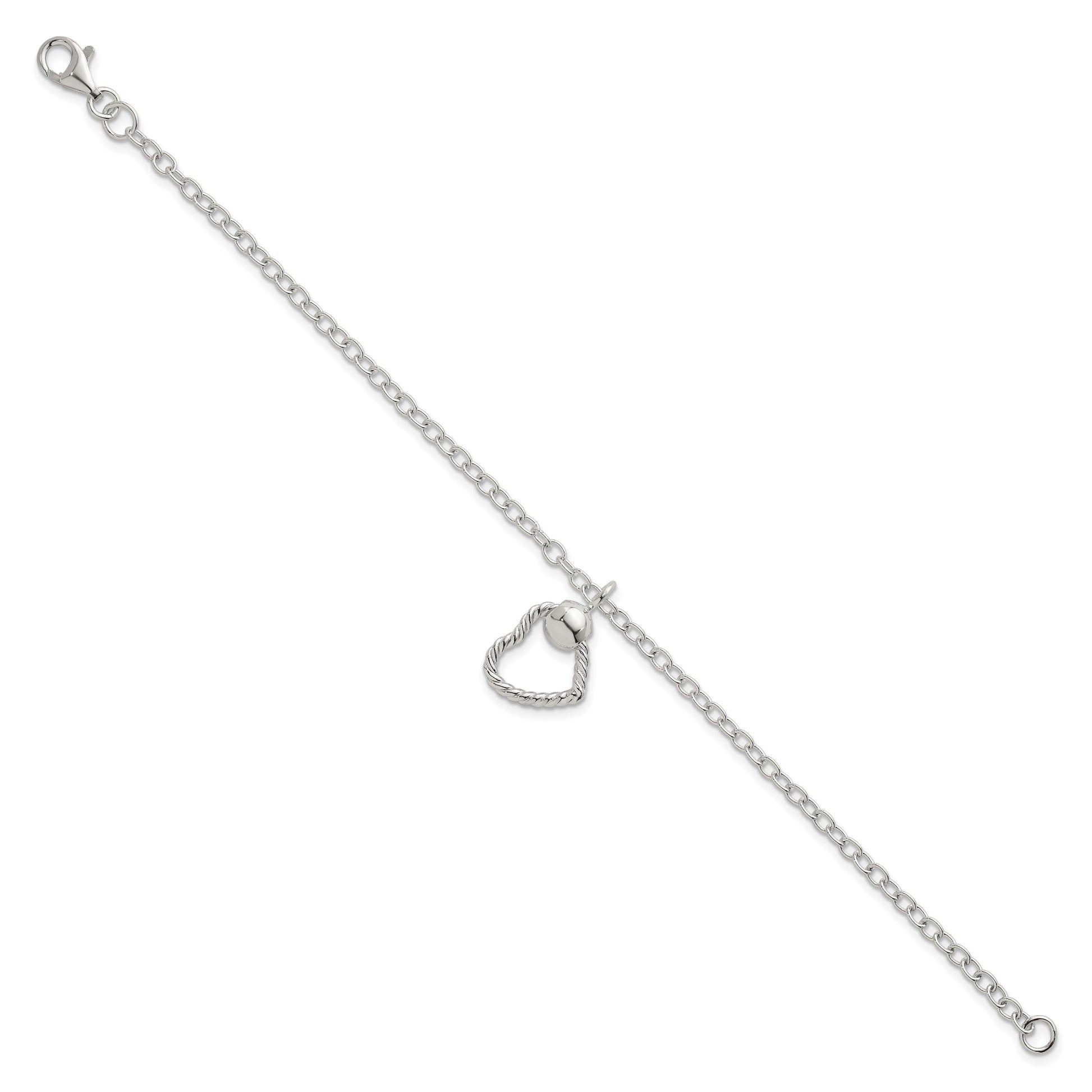 Sterling Silver Polished and Twisted Heart Dangle 7.5 Inch Cable Chain Bracelet