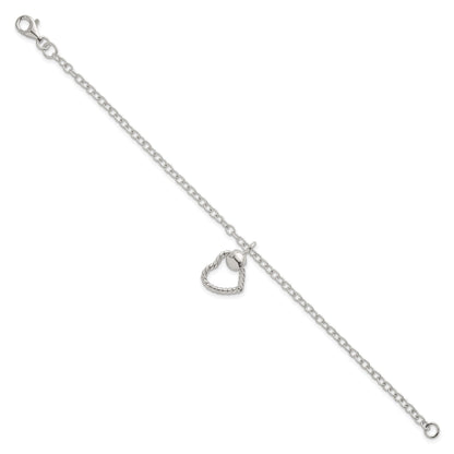 Sterling Silver Polished and Twisted Heart Dangle 7.5 Inch Cable Chain Bracelet