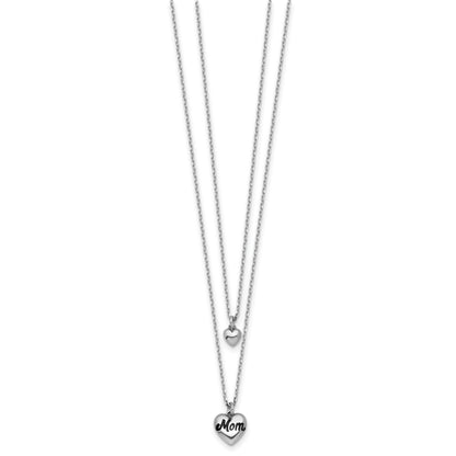 Sterling Silver Rhodium-plated Two-Strand Black Enameled MOM Puffed Heart and Small Heart 16 inch with 1 inch extension Necklace