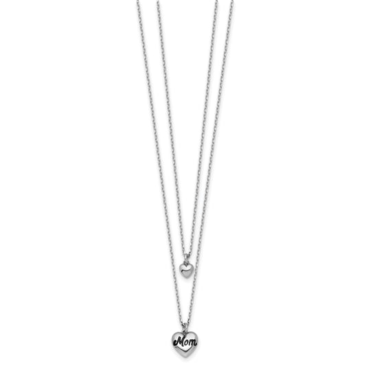Sterling Silver Rhodium-plated Two-Strand Black Enameled MOM Puffed Heart and Small Heart 16 inch with 1 inch extension Necklace