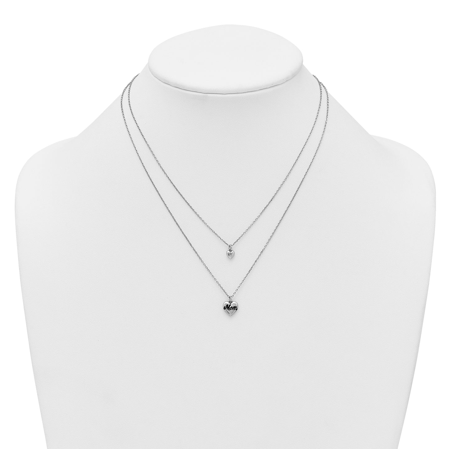 Sterling Silver Rhodium-plated Two-Strand Black Enameled MOM Puffed Heart and Small Heart 16 inch with 1 inch extension Necklace