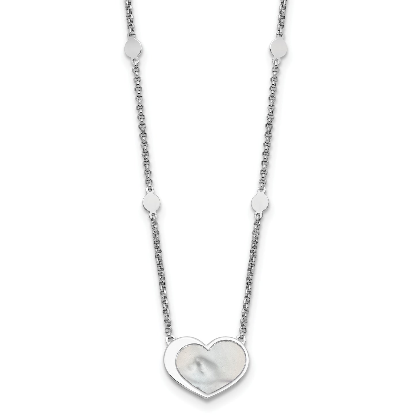 Sterling Silver Rhodium-plated Mother of Pearl Heart 16 inch with 1 inch extension Station Necklace