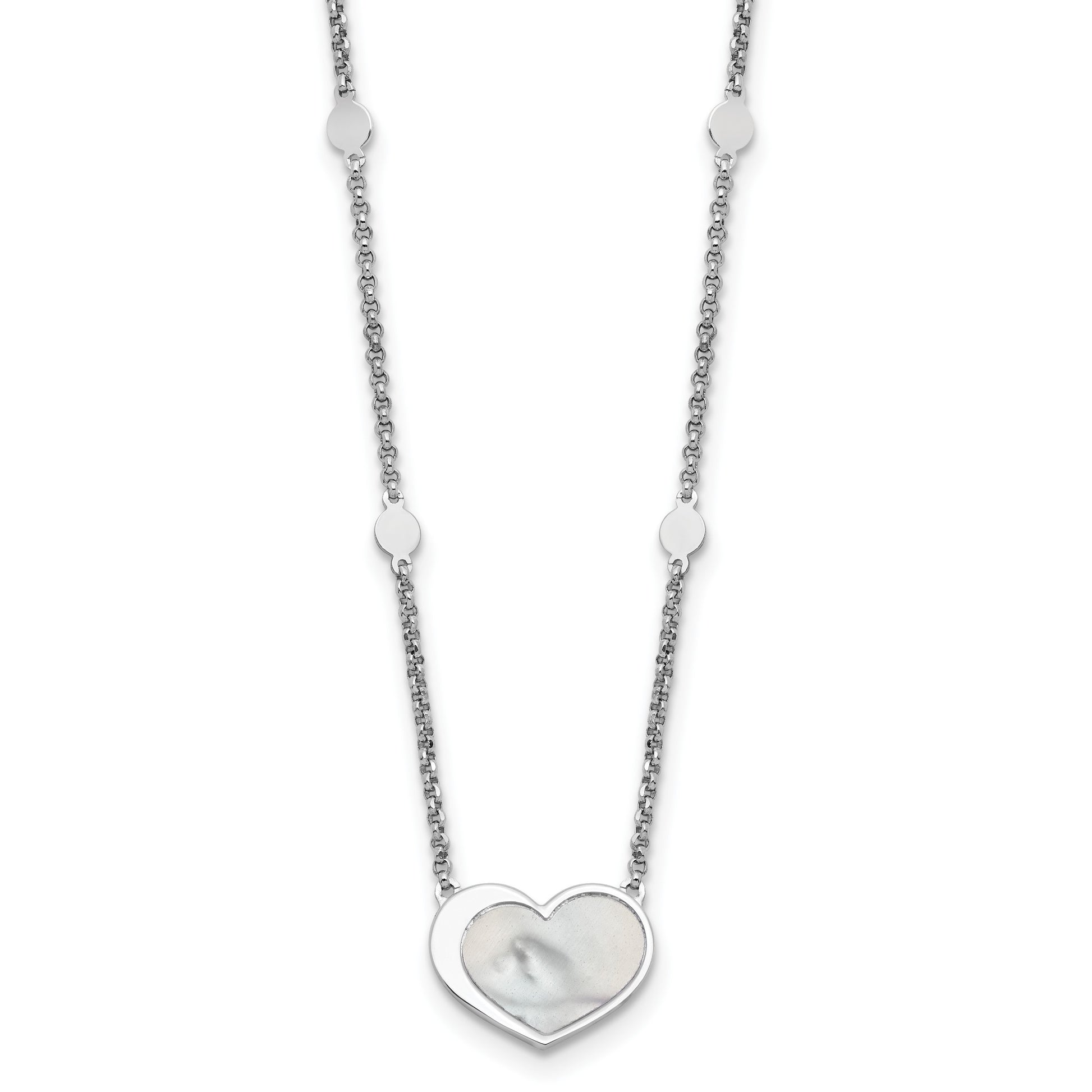 Sterling Silver Rhodium-plated Mother of Pearl Heart 16 inch with 1 inch extension Station Necklace