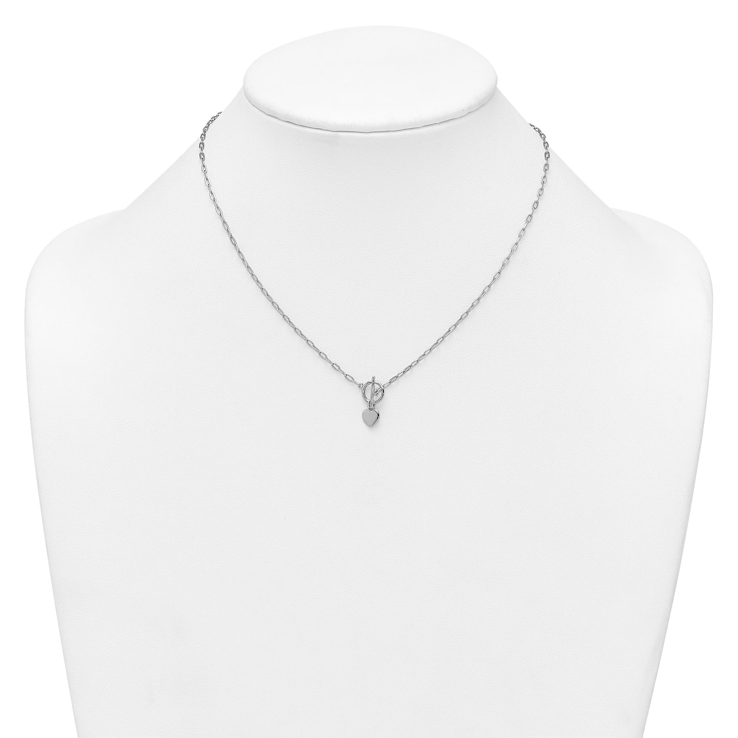 Sterling Silver Rhodium-plated Polished Heart Dangle Paperclip Link 16 Inch with 2 Inch Extension Necklace
