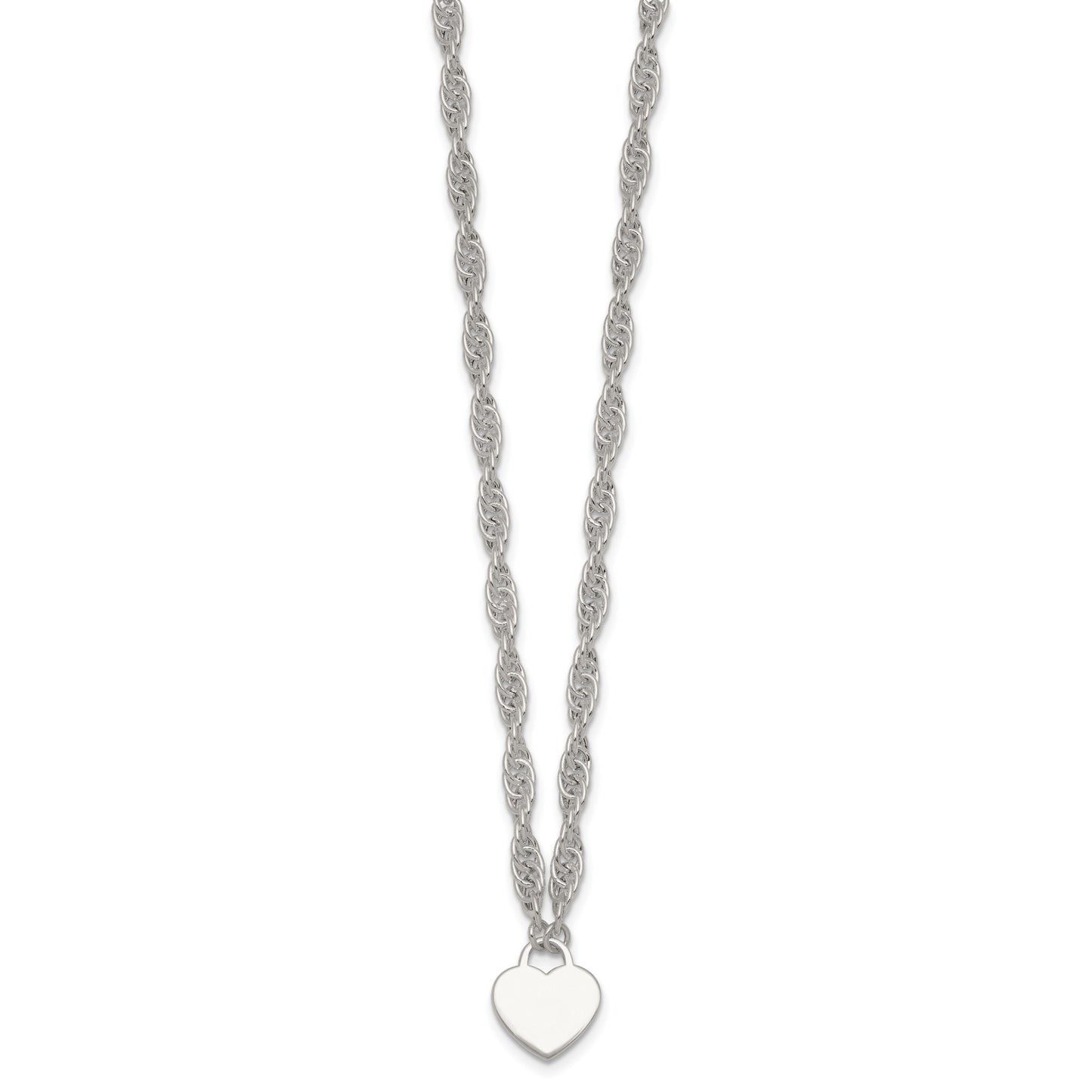 Sterling Silver Polished Fancy Engravable Heart Disc on Rope Chain 16 Inch with 2 Inch Extension Necklace