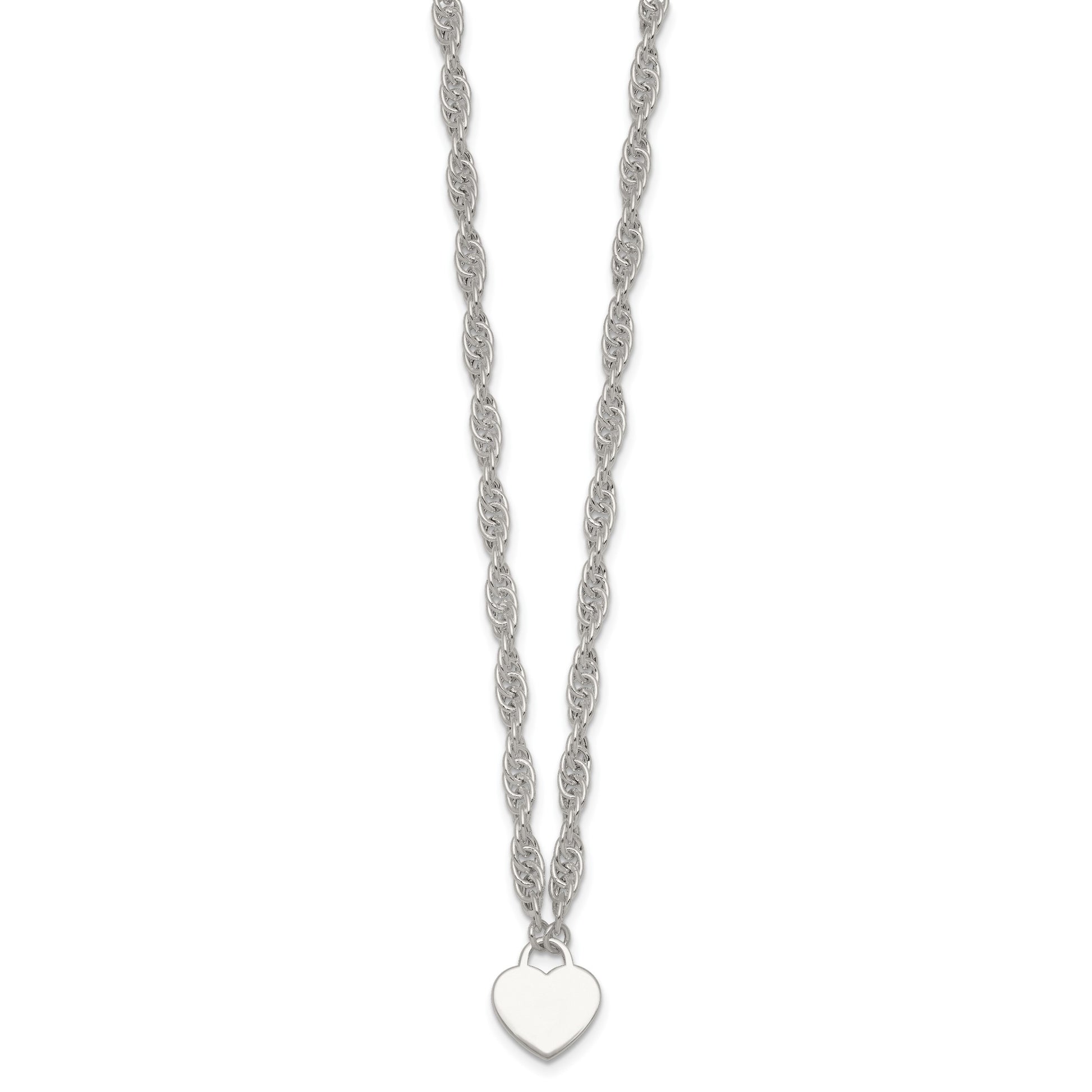 Sterling Silver Polished Fancy Engravable Heart Disc on Rope Chain 16 Inch with 2 Inch Extension Necklace
