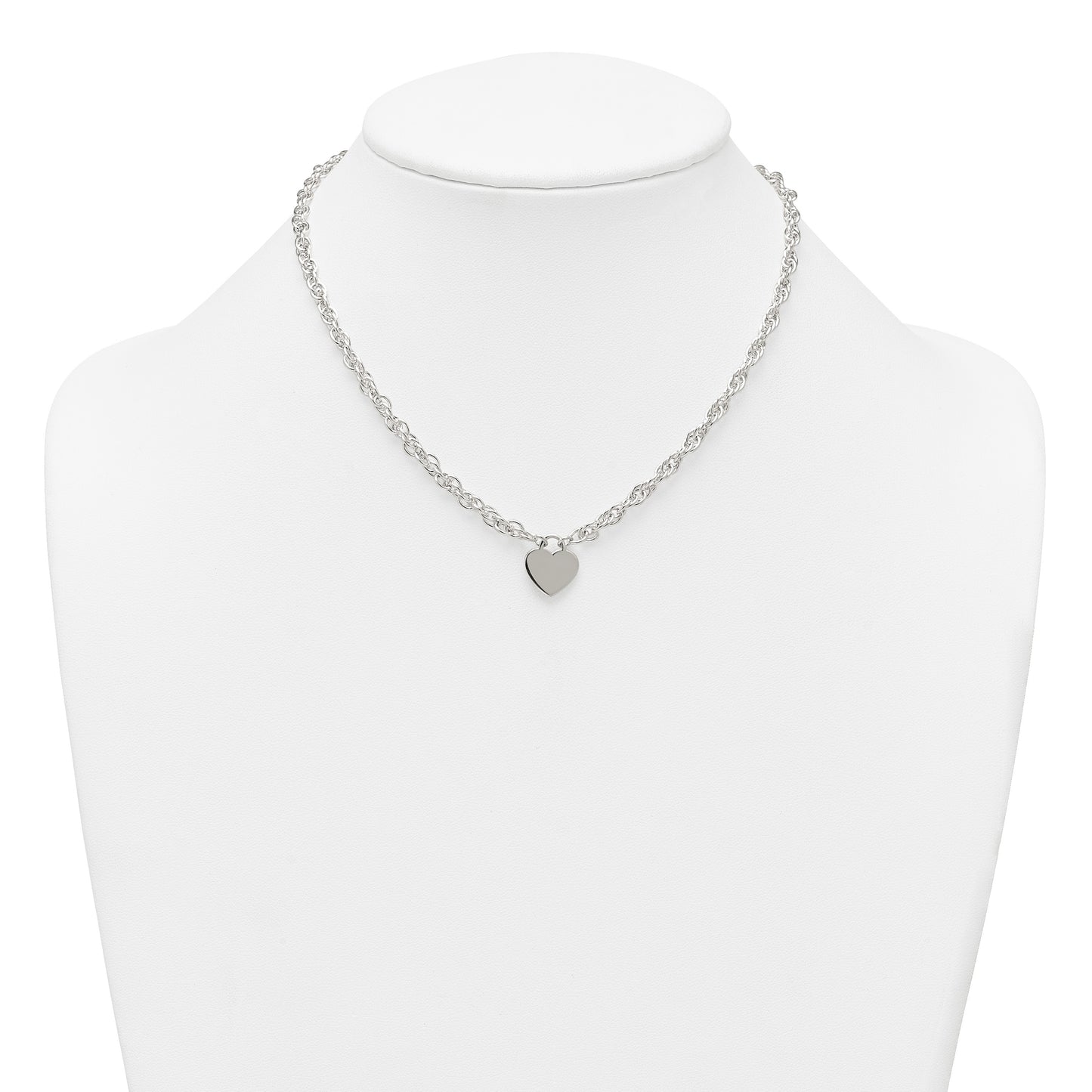 Sterling Silver Polished Fancy Engravable Heart Disc on Rope Chain 16 Inch with 2 Inch Extension Necklace