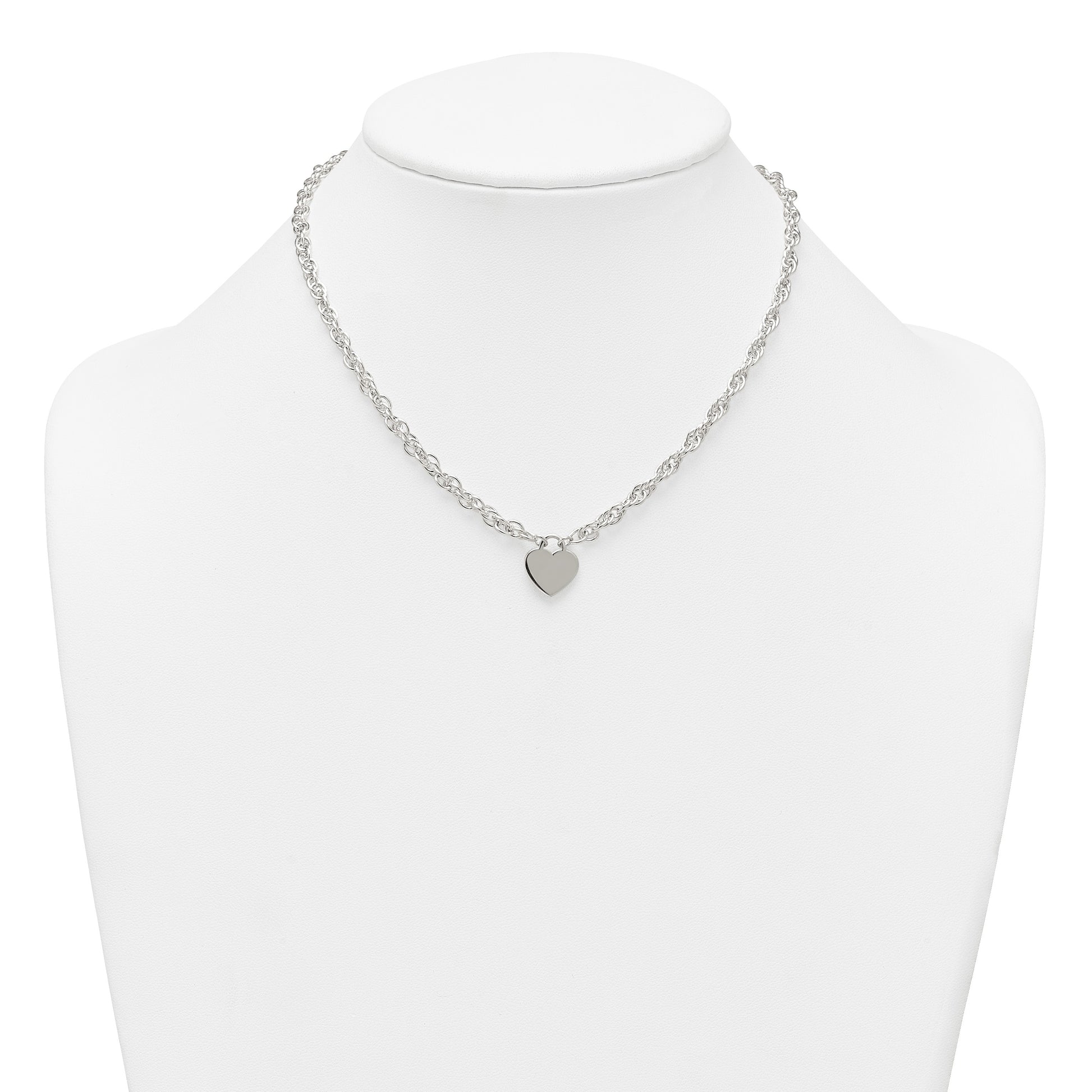 Sterling Silver Polished Fancy Engravable Heart Disc on Rope Chain 16 Inch with 2 Inch Extension Necklace