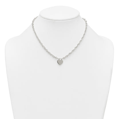 Sterling Silver Polished Fancy Engravable Heart Disc on Rope Chain 16 Inch with 2 Inch Extension Necklace