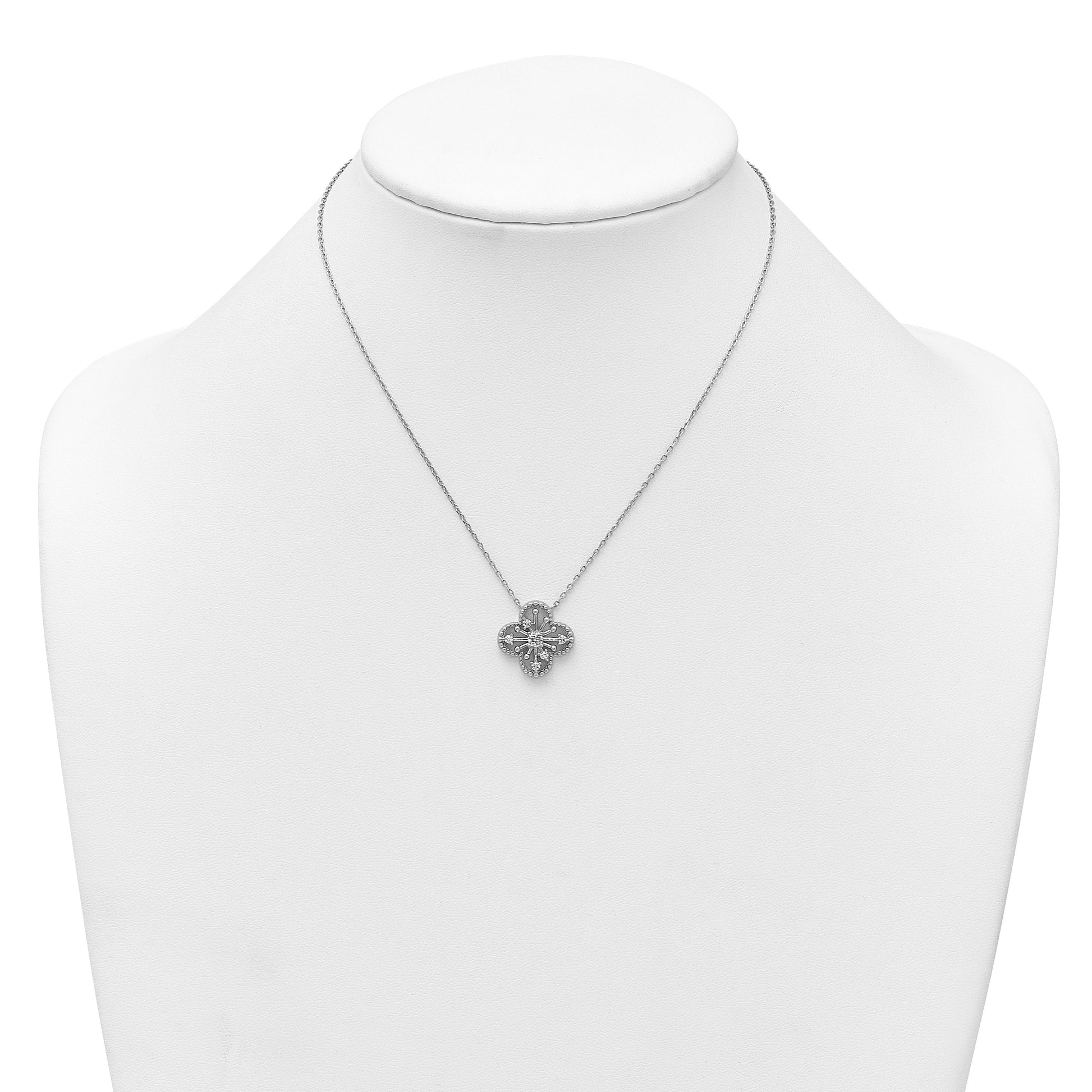 Sterling Silver Rhodium-plated CZ Textured Clover Shape 16 inch with 1.25 inch Extension Necklace