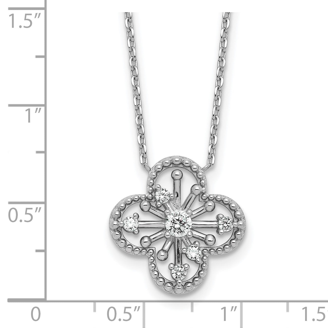 Sterling Silver Rhodium-plated CZ Textured Clover Shape 16 inch with 1.25 inch Extension Necklace