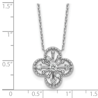 Sterling Silver Rhodium-plated CZ Textured Clover Shape 16 inch with 1.25 inch Extension Necklace