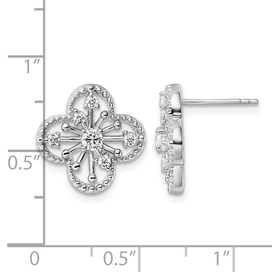 Sterling Silver Rhodium-plated CZ Textured Clover Shape Post Earrings