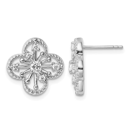 Sterling Silver Rhodium-plated CZ Textured Clover Shape Post Earrings