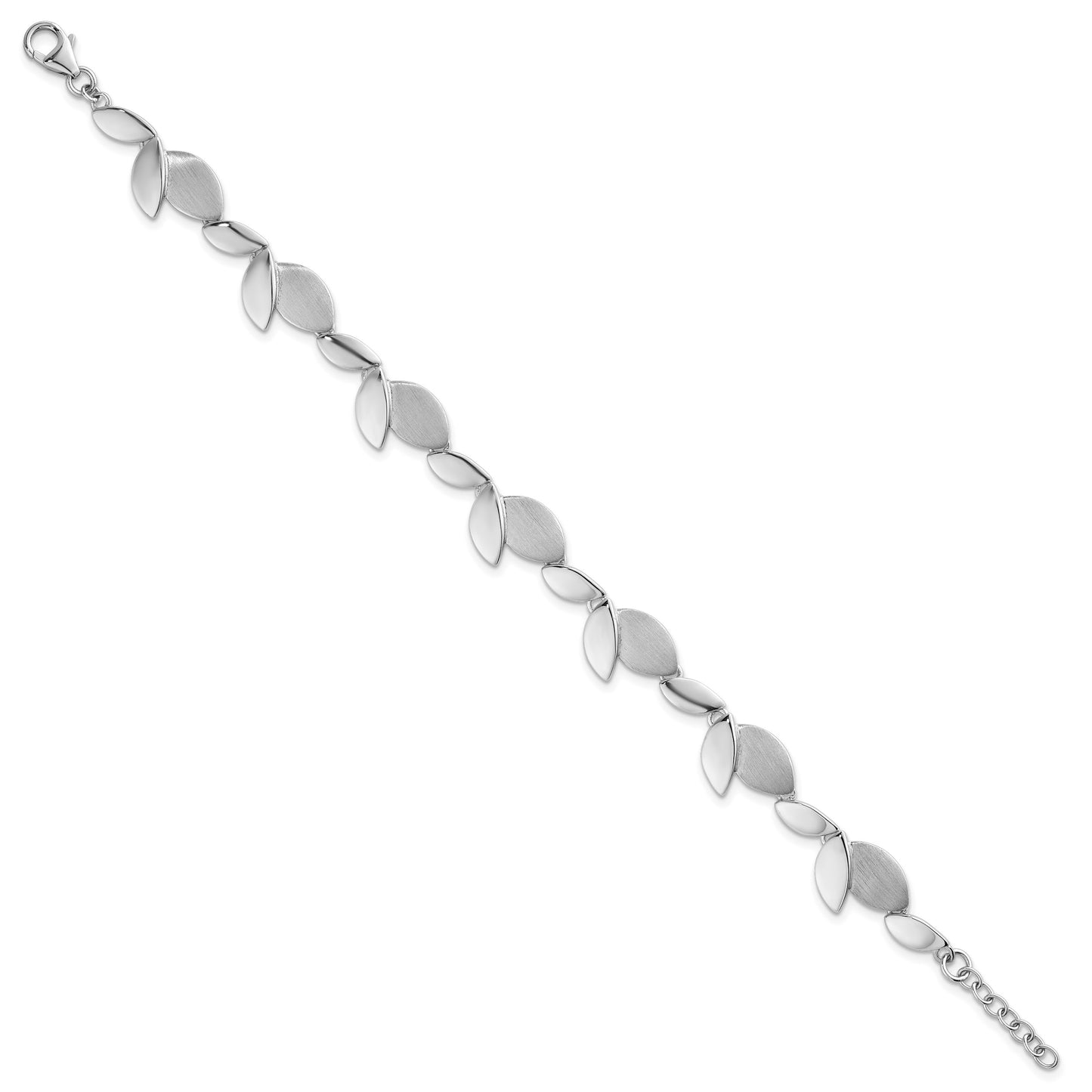 Sterling Silver Rhodium-plated Brushed and Polished Fancy Leaves 7.5 inch with 0.75 inch Extension Bracelet