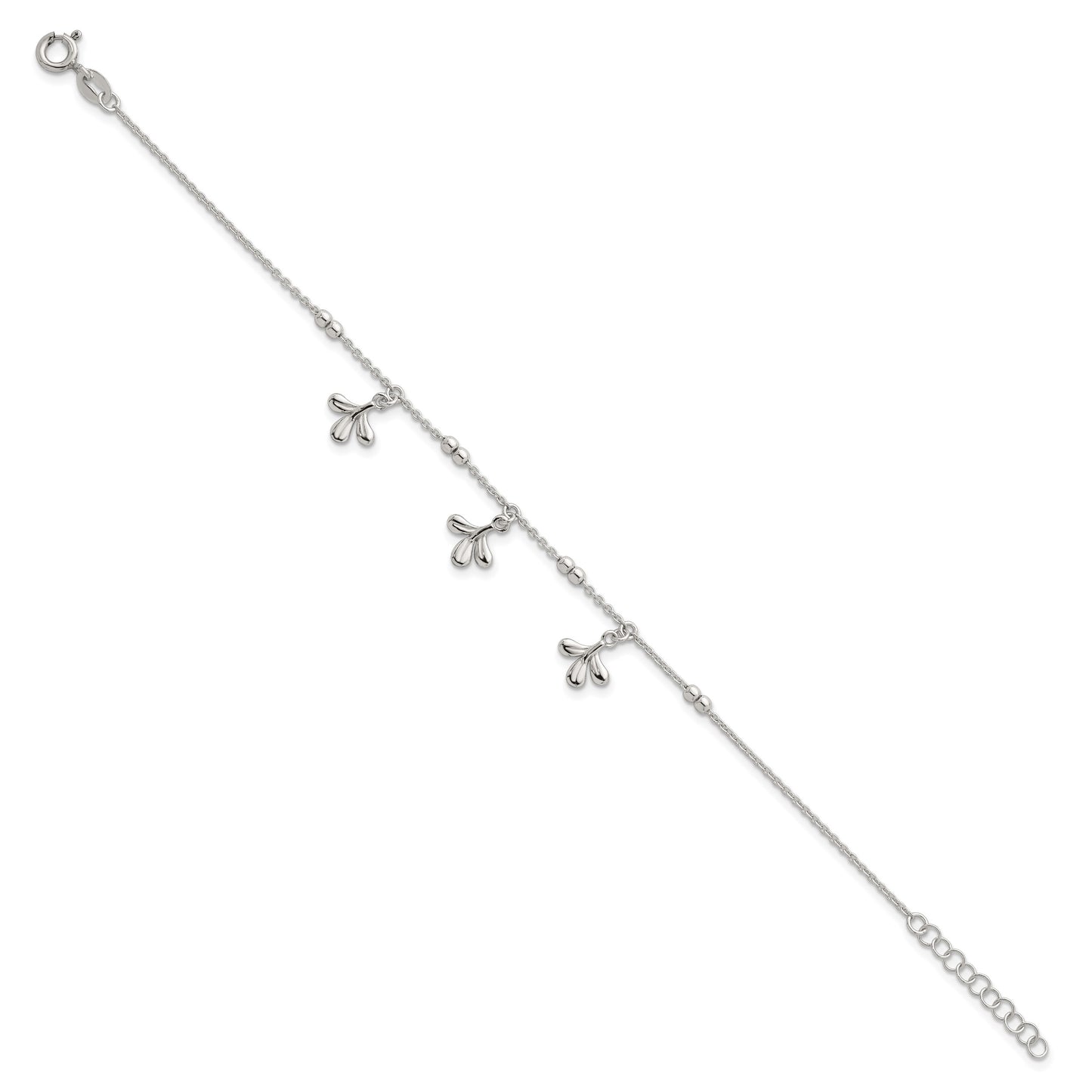 Sterling Silver Polished and Beaded with Three Leaf Dangles 7 inch with 1 inch Extension Bracelet