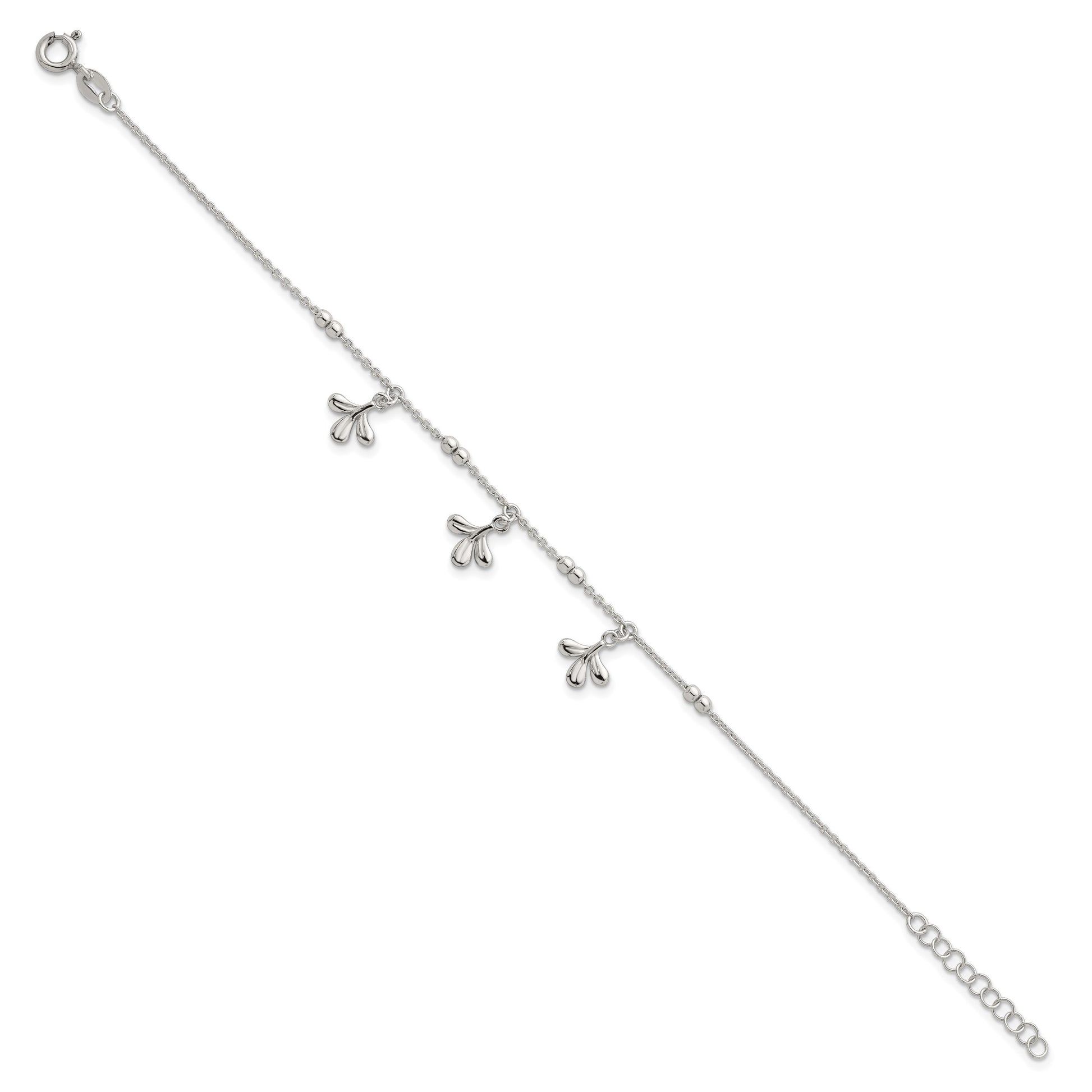 Sterling Silver Polished and Beaded with Three Leaf Dangles 7 inch with 1 inch Extension Bracelet