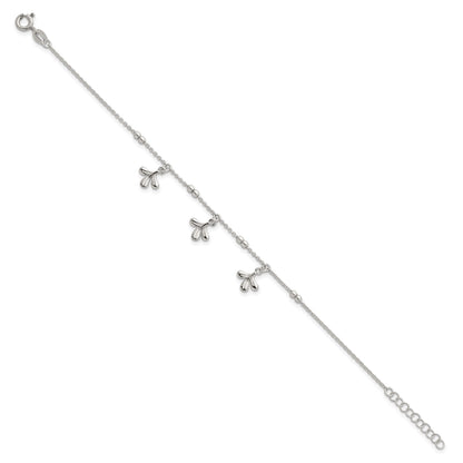 Sterling Silver Polished and Beaded with Three Leaf Dangles 7 inch with 1 inch Extension Bracelet