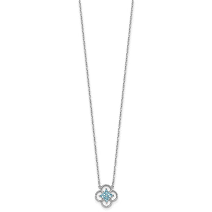 Sterling Silver Rhodium-plated Blue CZ Textured Clover Shape 16 inch with 1.5 inch Extension Necklace