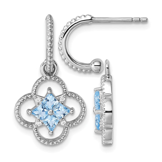 Sterling Silver Rhodium-plated Blue CZ Textured Removeable Clover J-Hoop Post Dangle Earrings