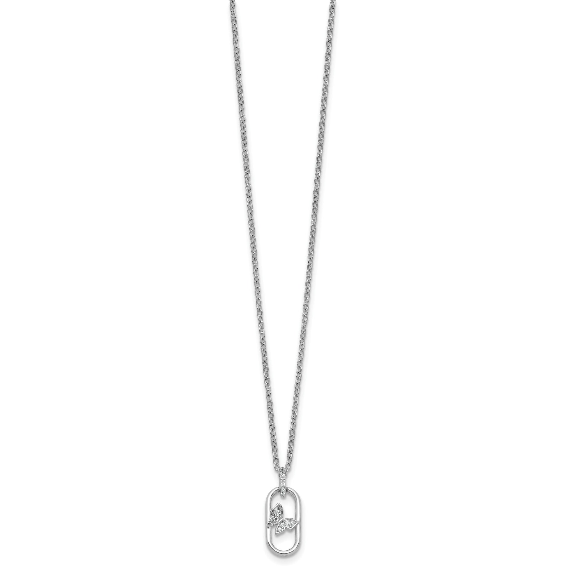 Sterling Silver Rhodium-plated CZ Oval with Butterfly 16 inch with 1.5 inch Extension Necklace
