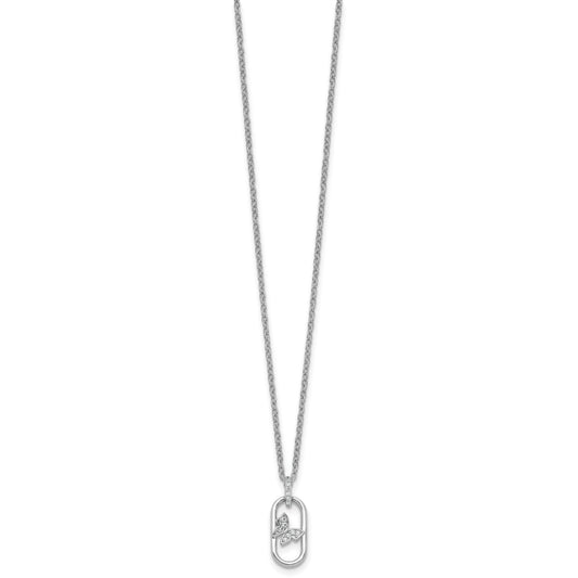 Sterling Silver Rhodium-plated CZ Oval with Butterfly 16 inch with 1.5 inch Extension Necklace