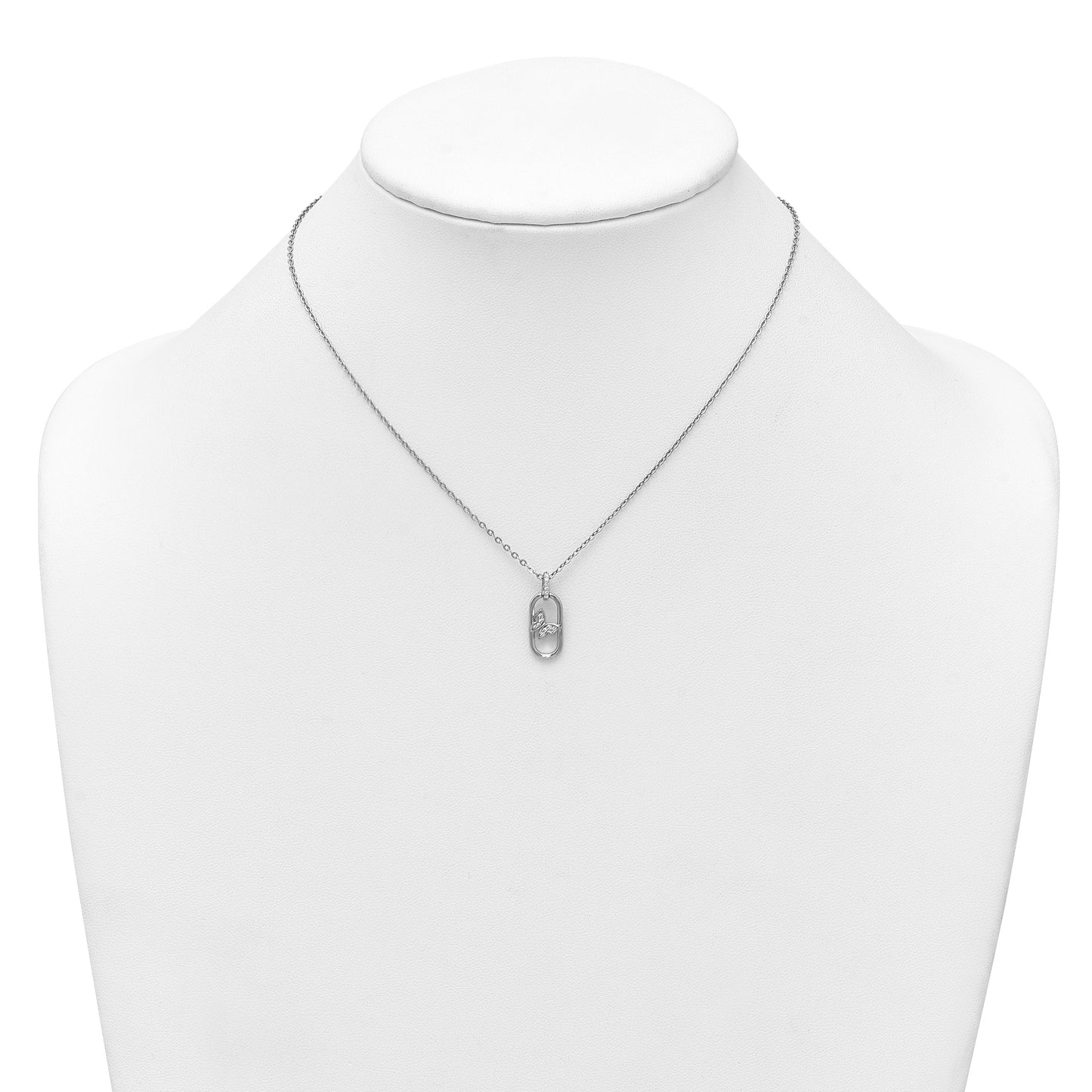 Sterling Silver Rhodium-plated CZ Oval with Butterfly 16 inch with 1.5 inch Extension Necklace