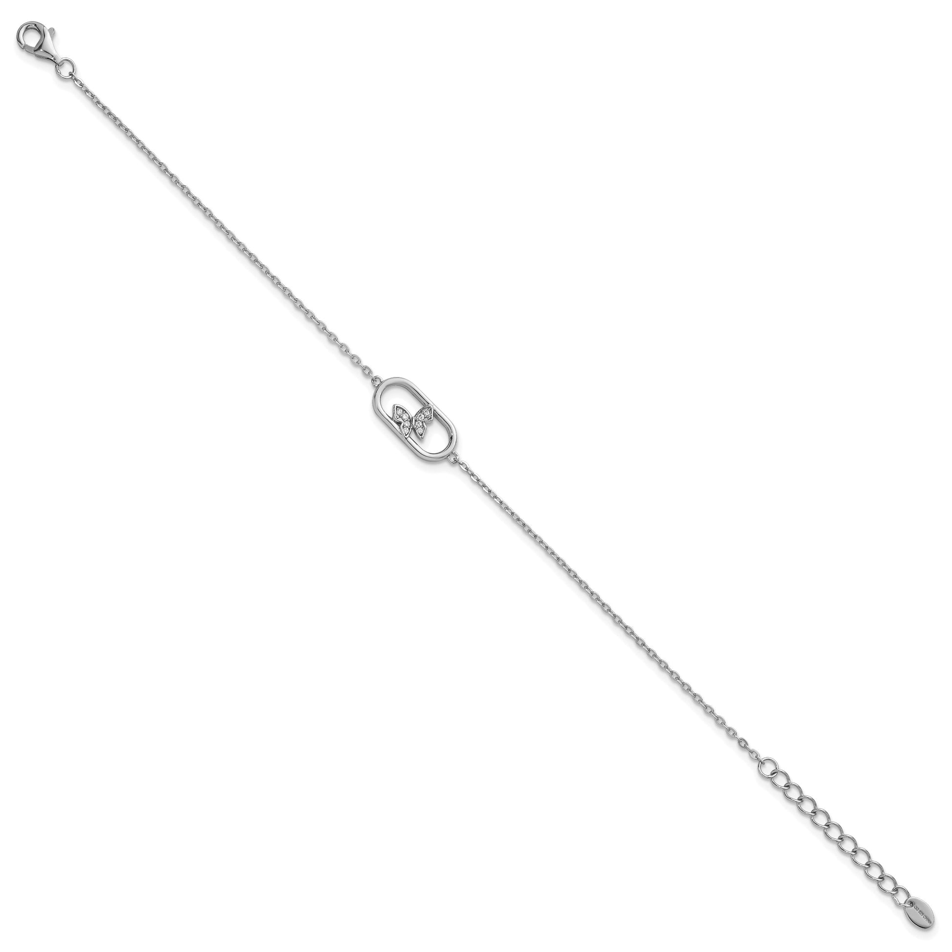 Sterling Silver Rhodium-plated CZ Oval with Butterfly 7 inch with 1 inch Extension Bracelet