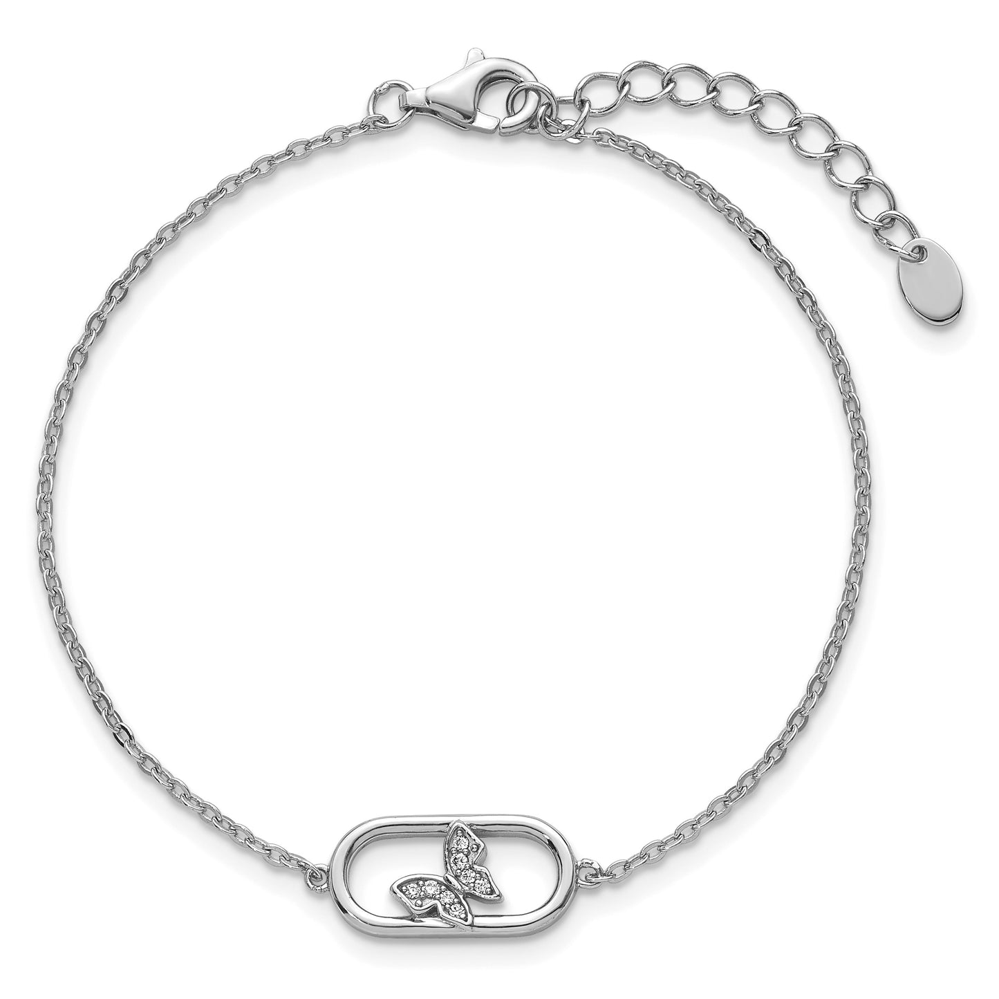 Sterling Silver Rhodium-plated CZ Oval with Butterfly 7 inch with 1 inch Extension Bracelet