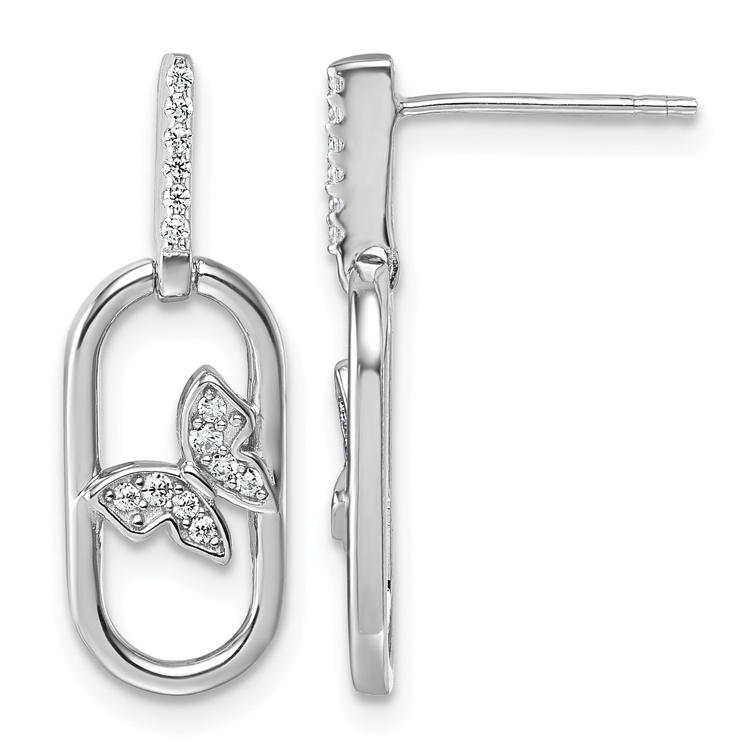Sterling Silver Rhodium-plated CZ Oval Dangle With Butterfly Post Earrings