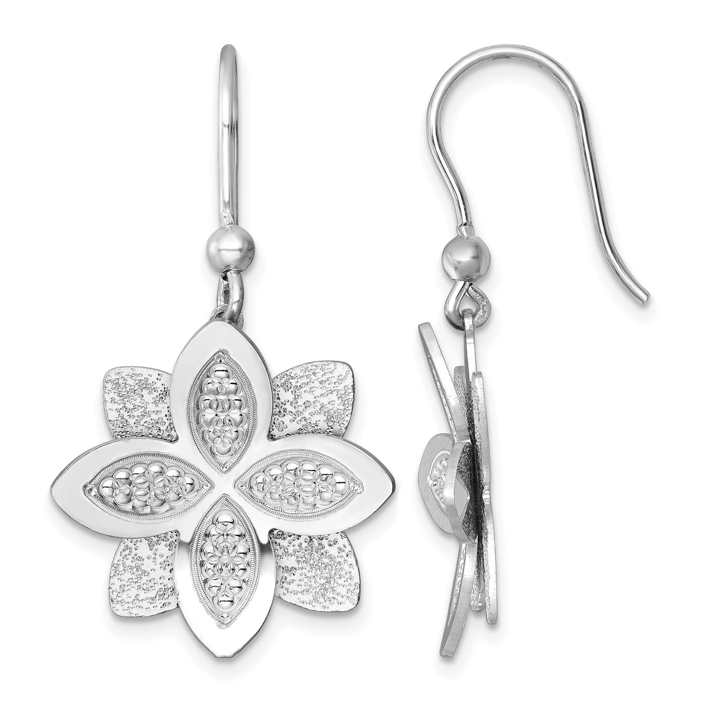 Sterling Silver Rhodium-plated Polished Brushed and Textured Flower Shepherd Hook Dangle Earrings