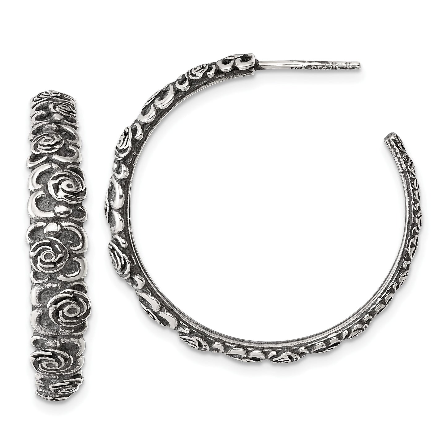 Sterling Silver Antiqued Graduated Floral 5.75 x 32mm C-Hoop Post Earrings