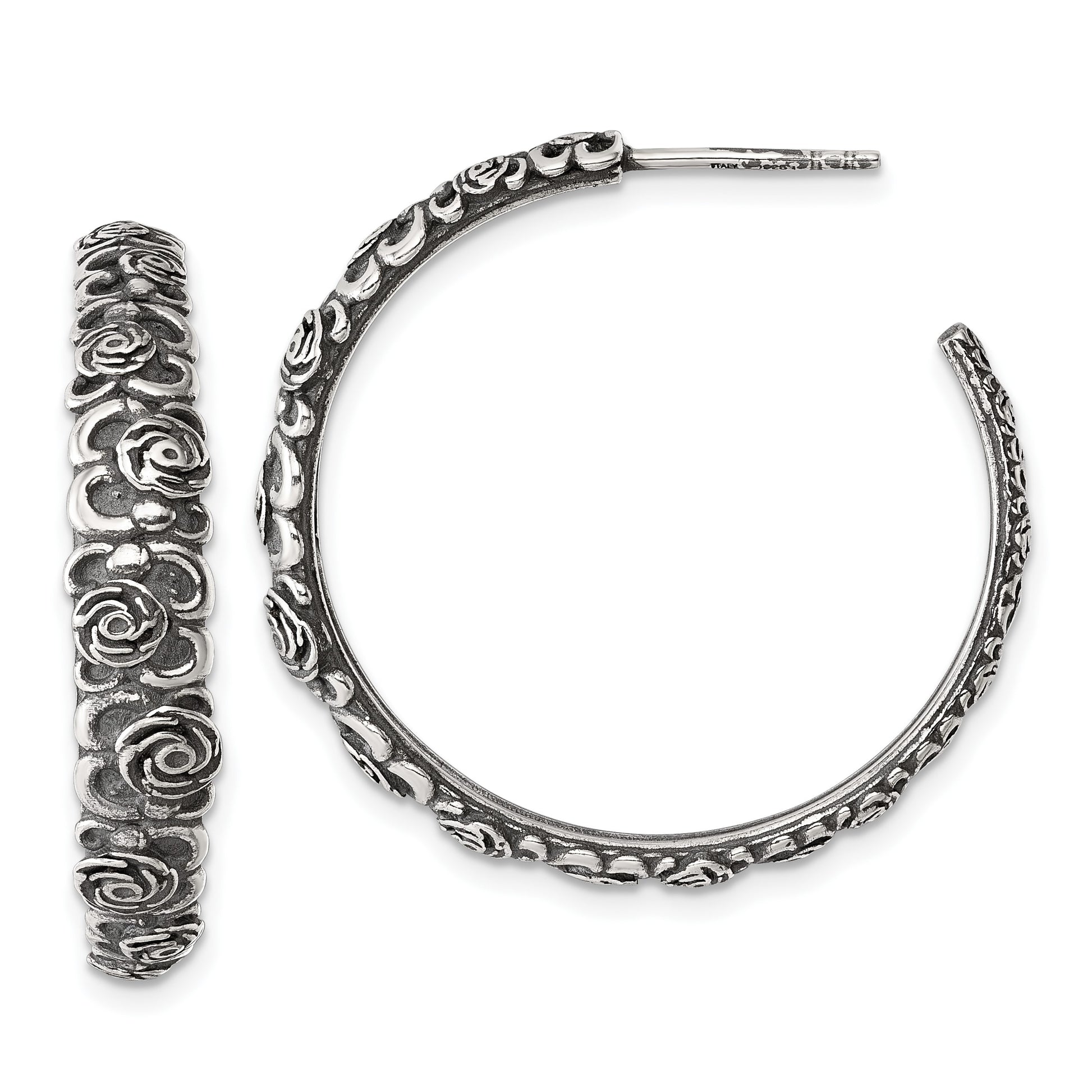 Sterling Silver Antiqued Graduated Floral 5.75 x 32mm C-Hoop Post Earrings