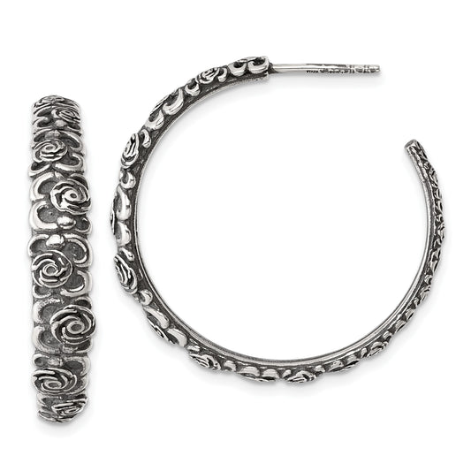 Sterling Silver Antiqued Graduated Floral 5.75 x 32mm C-Hoop Post Earrings