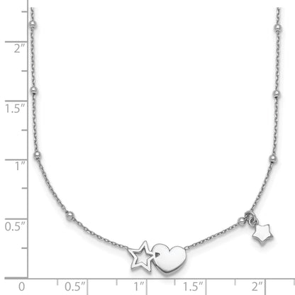 Sterling Silver Rhodium-plated Polished Heart and Stars 16 inch with 2 inch Extender Necklace