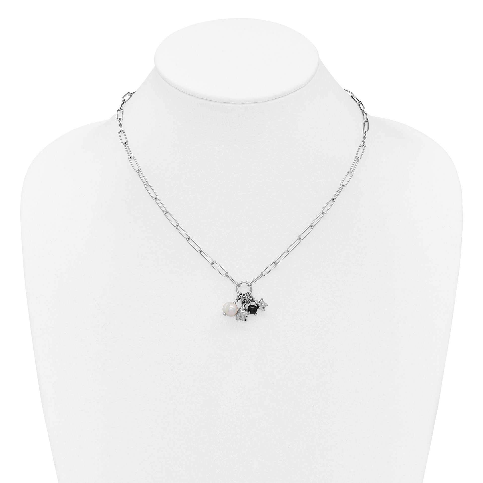 Sterling Silver Rhodium-plated Stars and White Freshwater Cultured Pearl and Black Acrylic Bead 17.75 inch with 2 inch Extender Paperclip Necklace