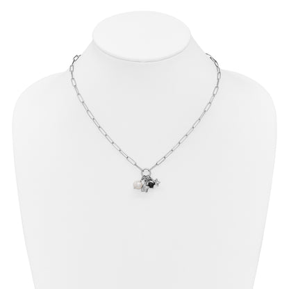 Sterling Silver Rhodium-plated Stars and White Freshwater Cultured Pearl and Black Acrylic Bead 17.75 inch with 2 inch Extender Paperclip Necklace