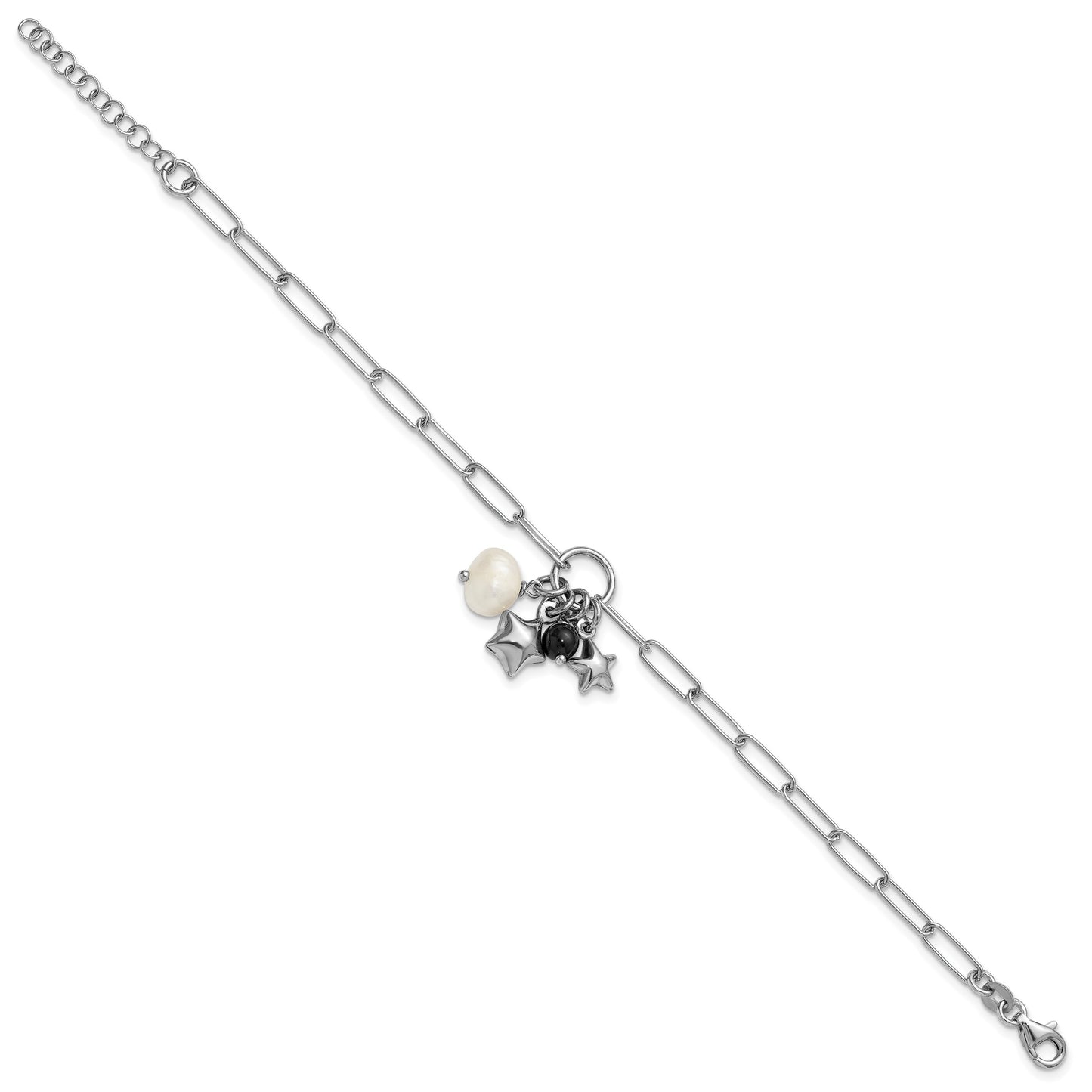 Sterling Silver Rhodium-plated Stars and White Freshwater Cultured Pearl and Black Acrylic Bead 6.75 inch with 1 inch Extender Paperclip Bracelet