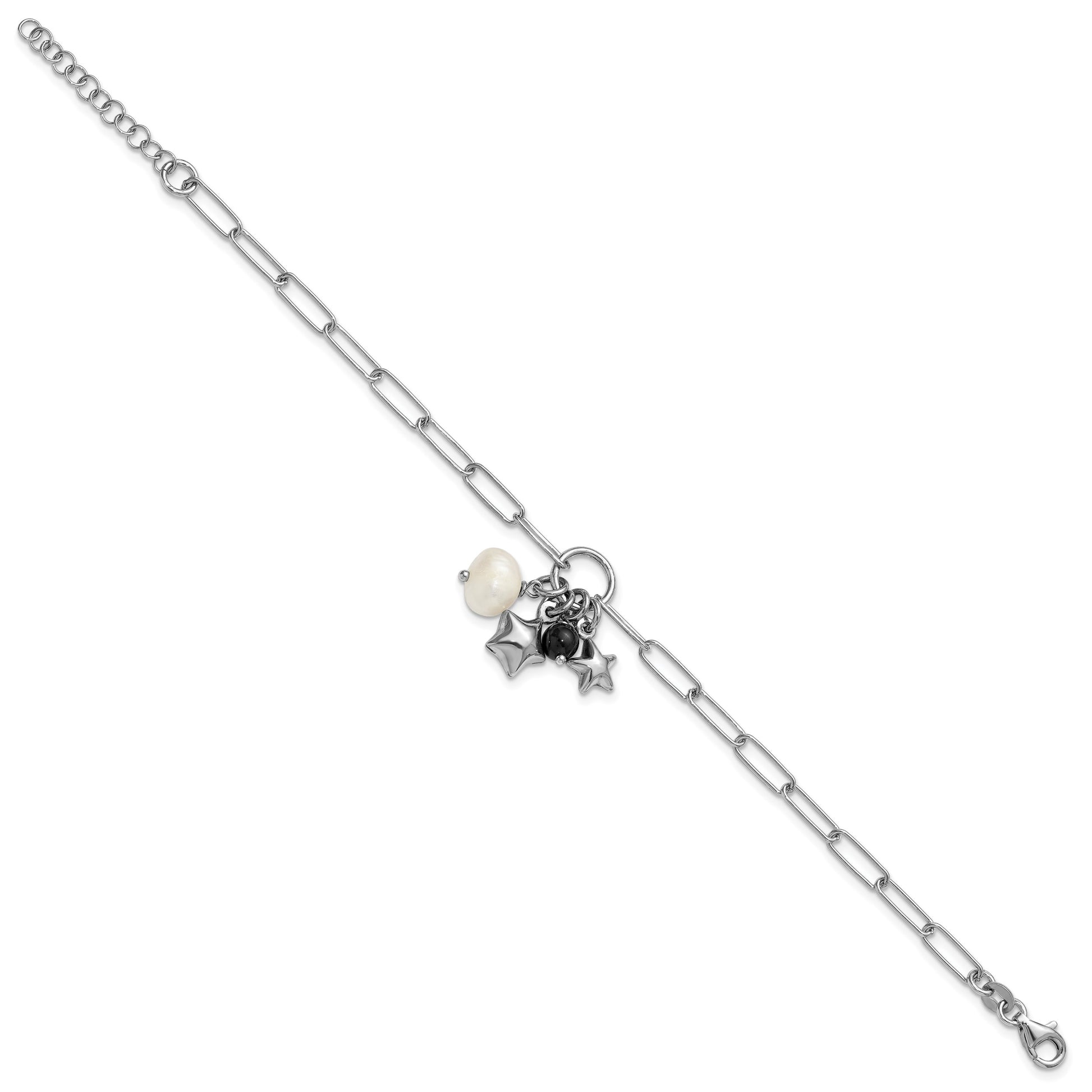 Sterling Silver Rhodium-plated Stars and White Freshwater Cultured Pearl and Black Acrylic Bead 6.75 inch with 1 inch Extender Paperclip Bracelet
