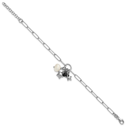 Sterling Silver Rhodium-plated Stars and White Freshwater Cultured Pearl and Black Acrylic Bead 6.75 inch with 1 inch Extender Paperclip Bracelet