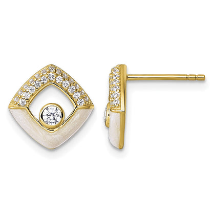 Sterling Silver Gold-tone CZ and Champagne Enamel Polished Square Post Earrings