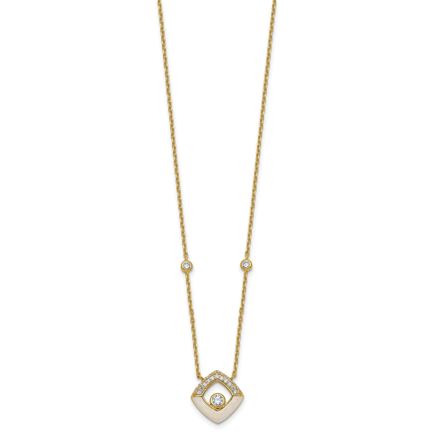 Sterling Silver Gold-tone CZ and Champagne Enamel Square 16 inch with 1.5 inch Extension Necklace