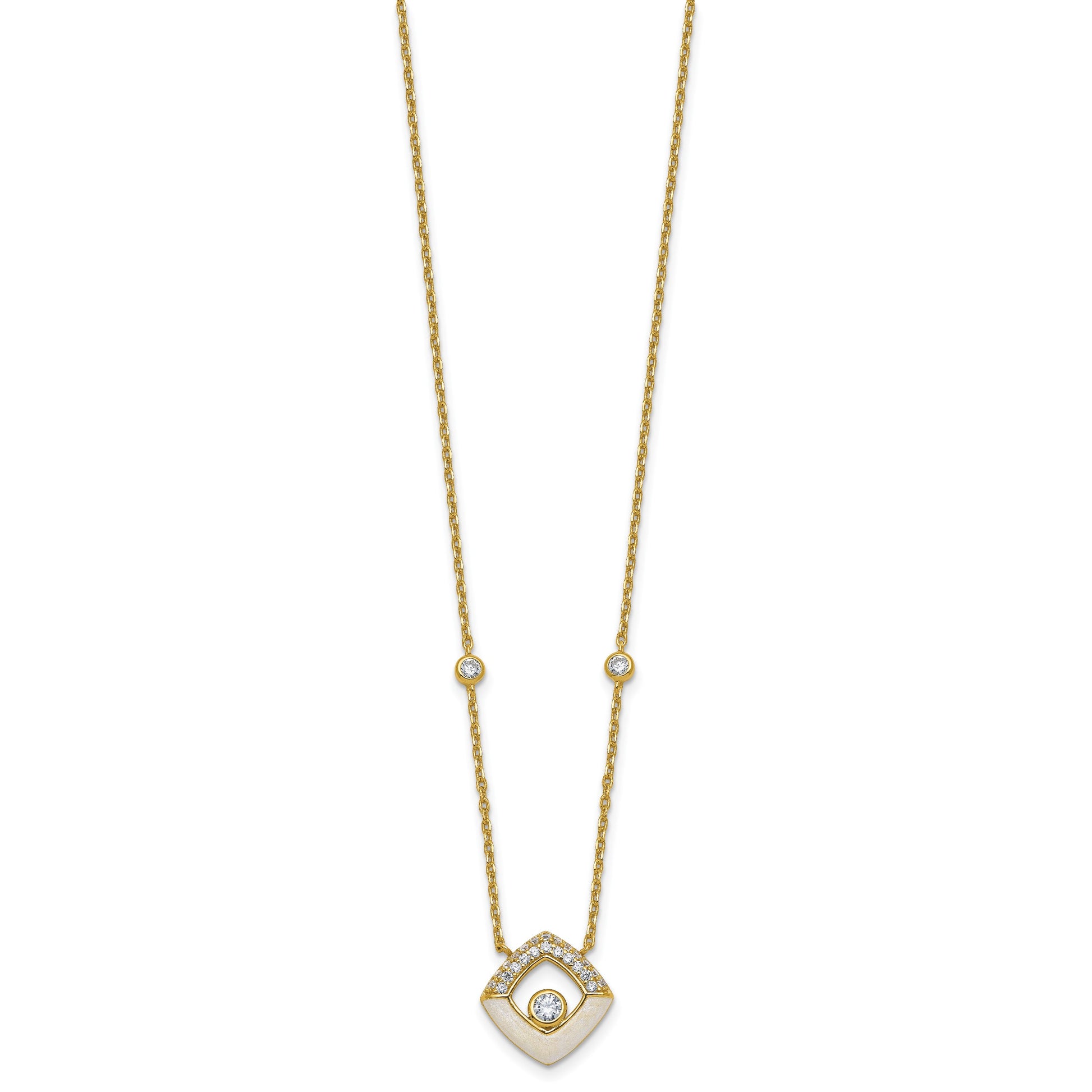 Sterling Silver Gold-tone CZ and Champagne Enamel Square 16 inch with 1.5 inch Extension Necklace