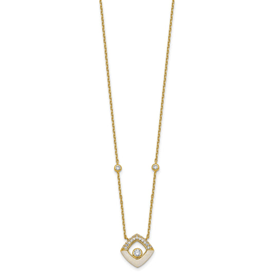Sterling Silver Gold-tone CZ and Champagne Enamel Square 16 inch with 1.5 inch Extension Necklace