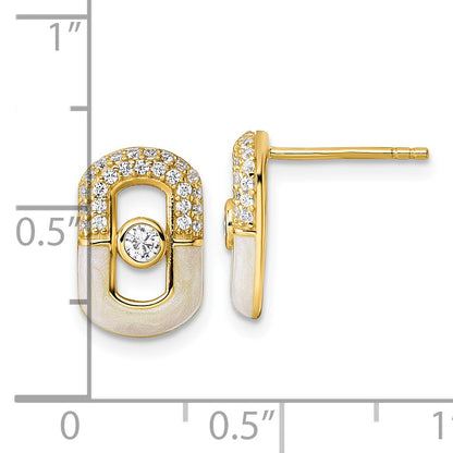 Sterling Silver Gold-tone CZ and Champagne Enamel Rectangle Post Earrings