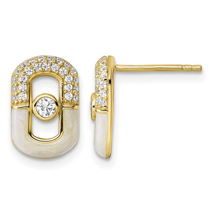 Sterling Silver Gold-tone CZ and Champagne Enamel Rectangle Post Earrings