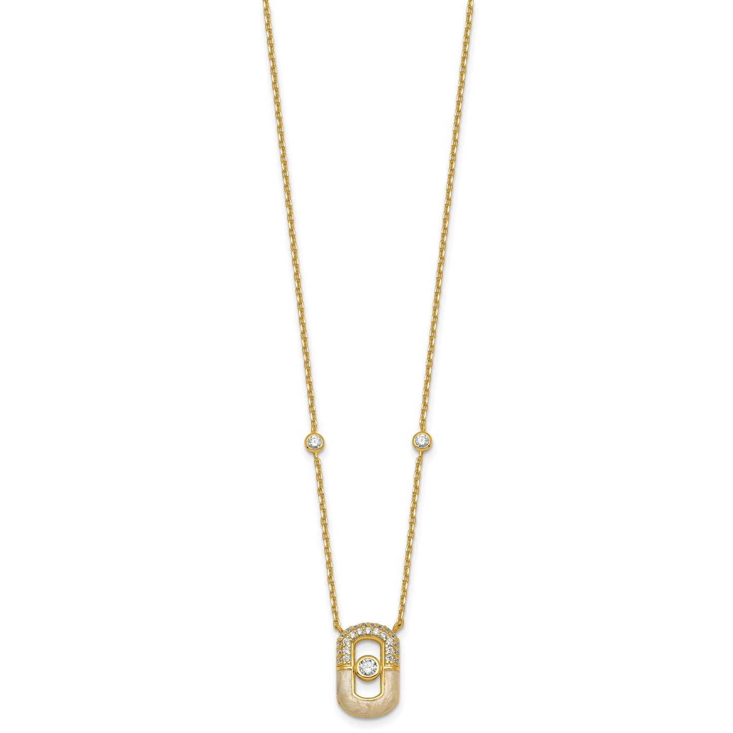 Sterling Silver Gold-tone CZ and Champagne Enamel Rectangle 16 inch with 1.5 inch Extension Necklace