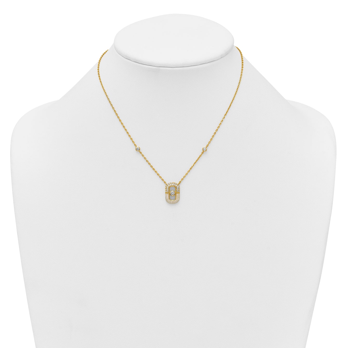 Sterling Silver Gold-tone CZ and Champagne Enamel Rectangle 16 inch with 1.5 inch Extension Necklace